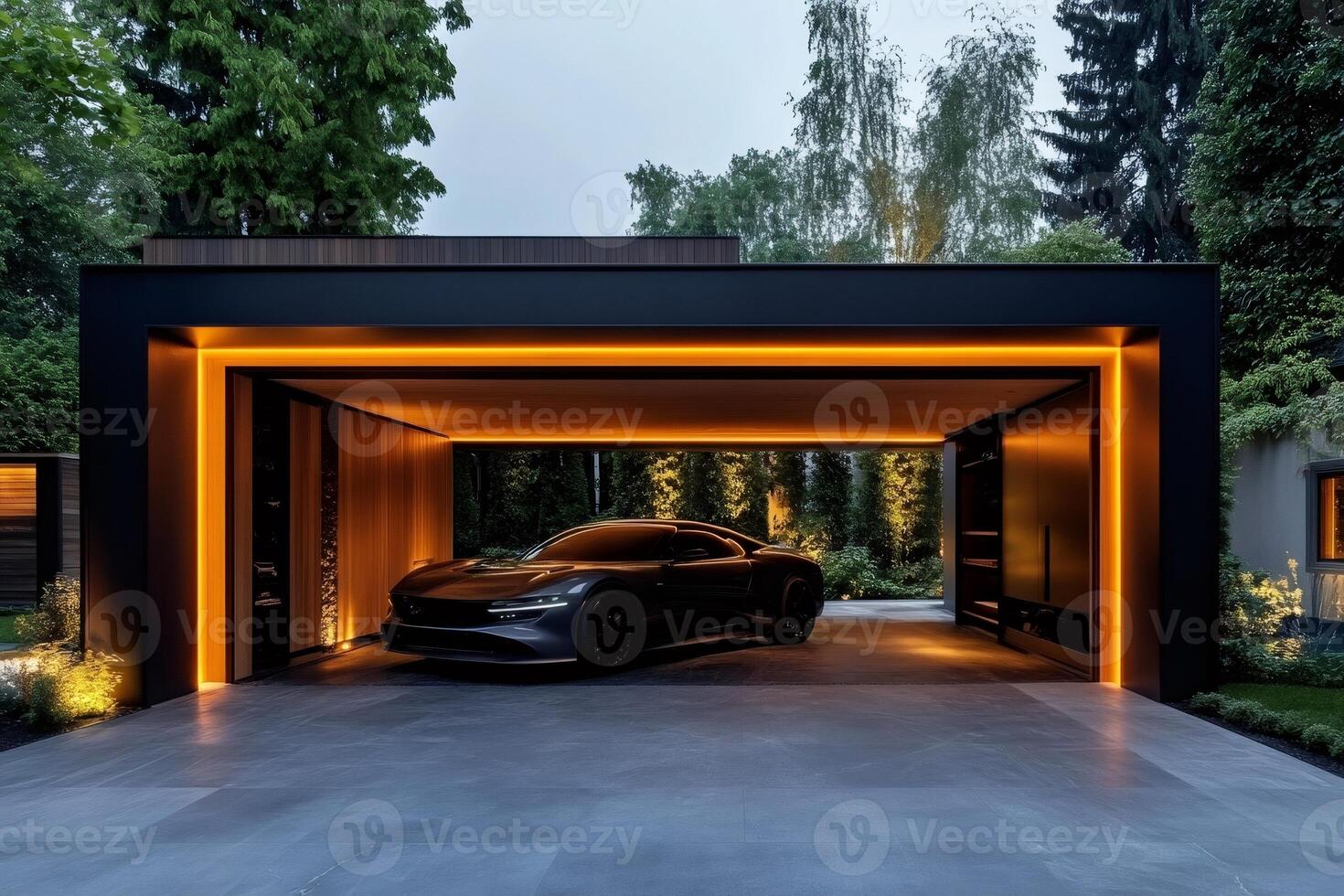 Modern carport with illuminated frame protecting luxury electric vehicle photo