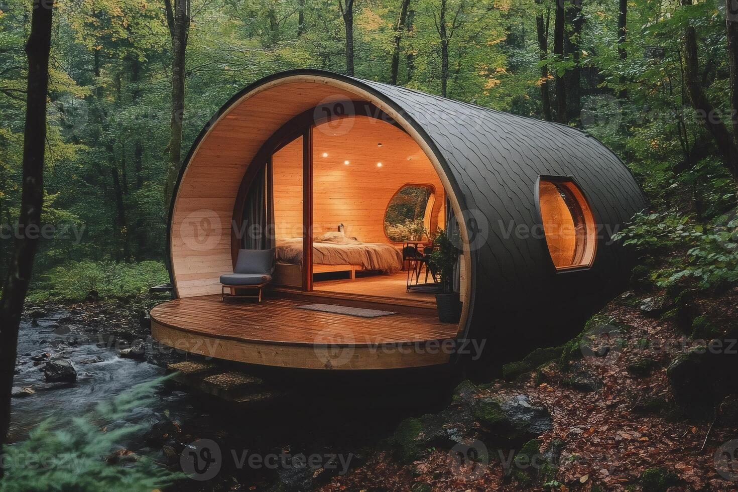 Cozy wooden cabin nestled in tranquil forest setting by river stream photo