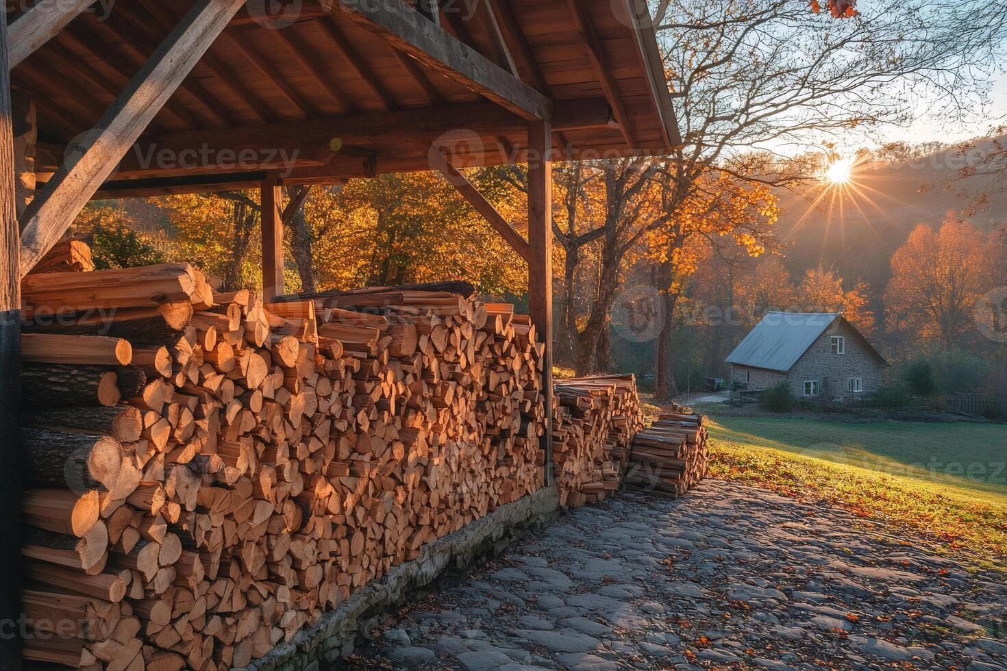 Stacked firewood under rustic shelter at sunset photo
