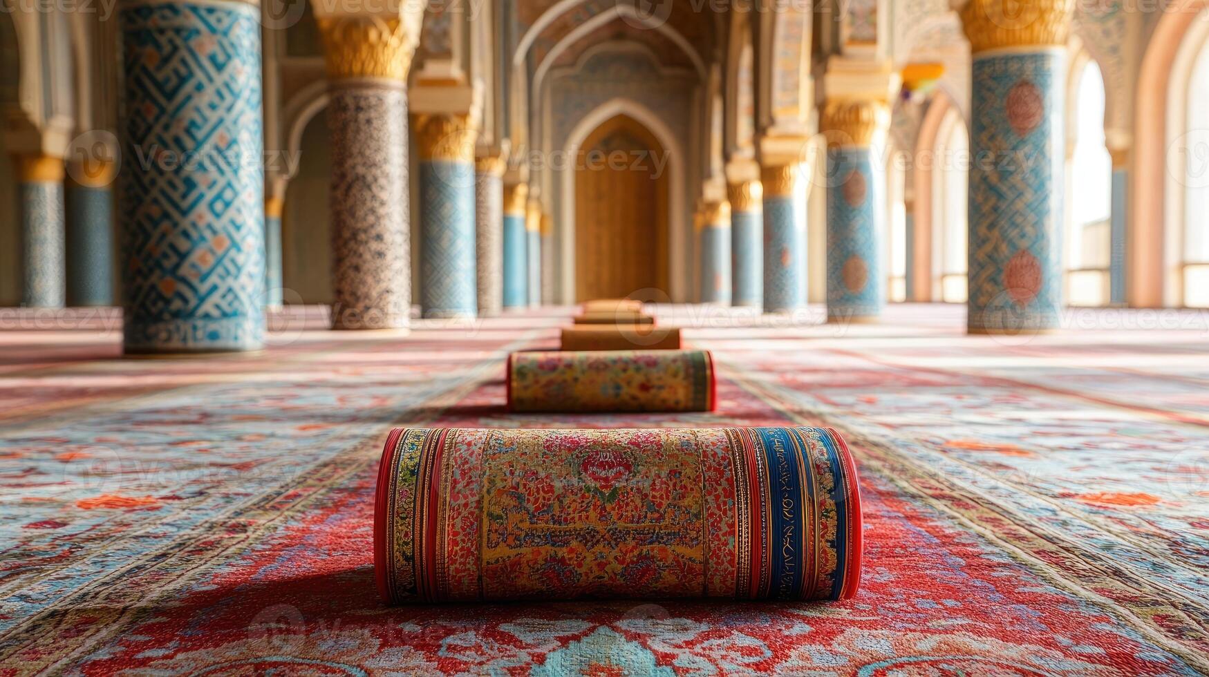 Prayer rugs rolled out in empty mosque interior with ornate columns photo