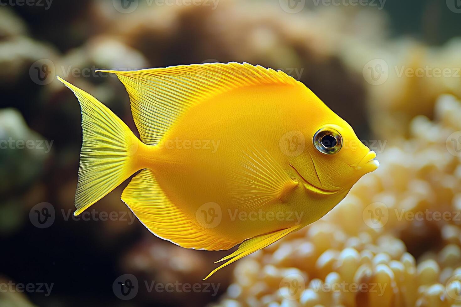Vibrant yellow tang swimming in coral reef.. photo