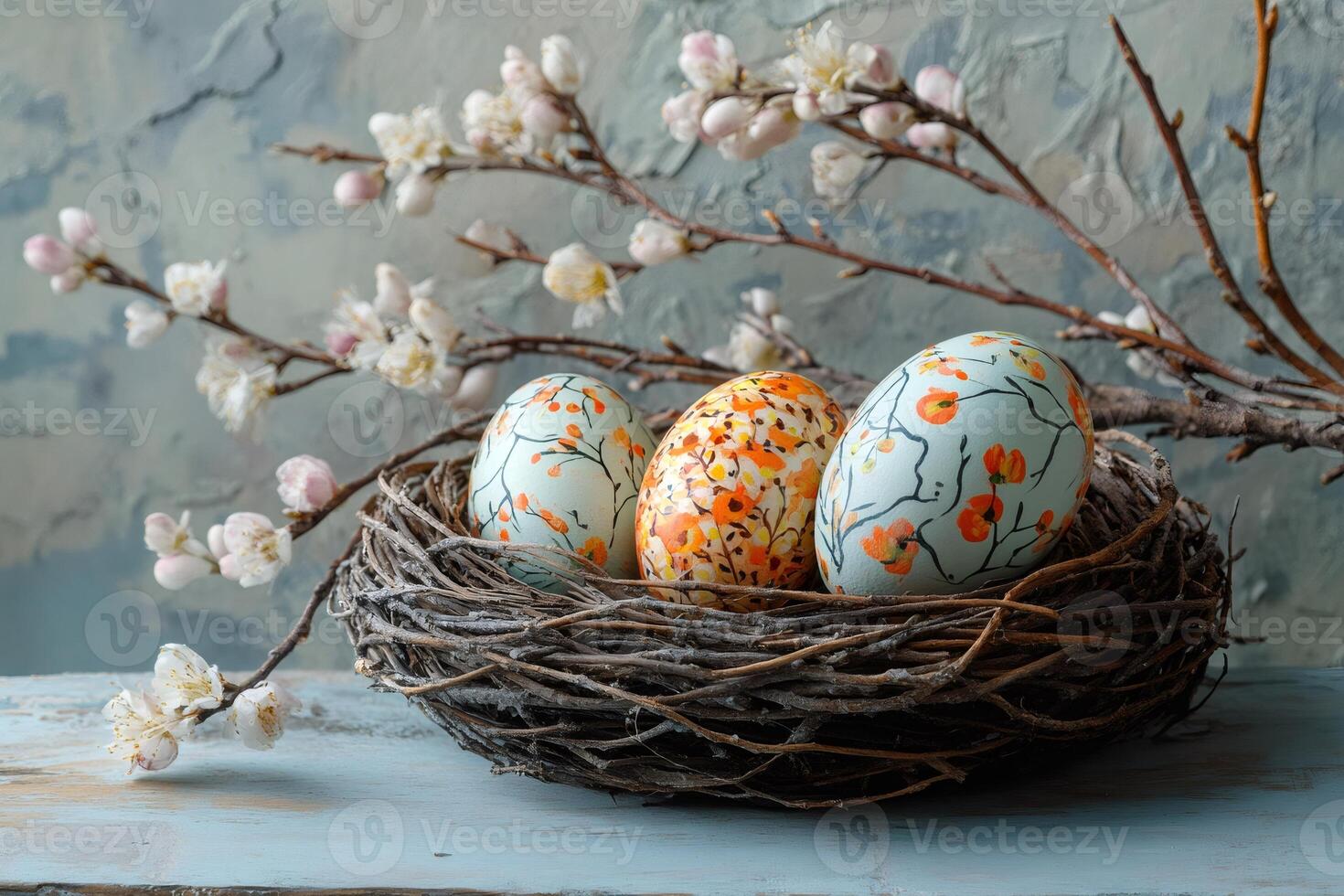 Hand painted easter eggs in rustic nest photo