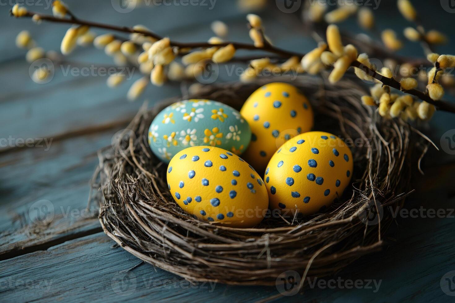 Colorful easter eggs in a rustic nest display photo