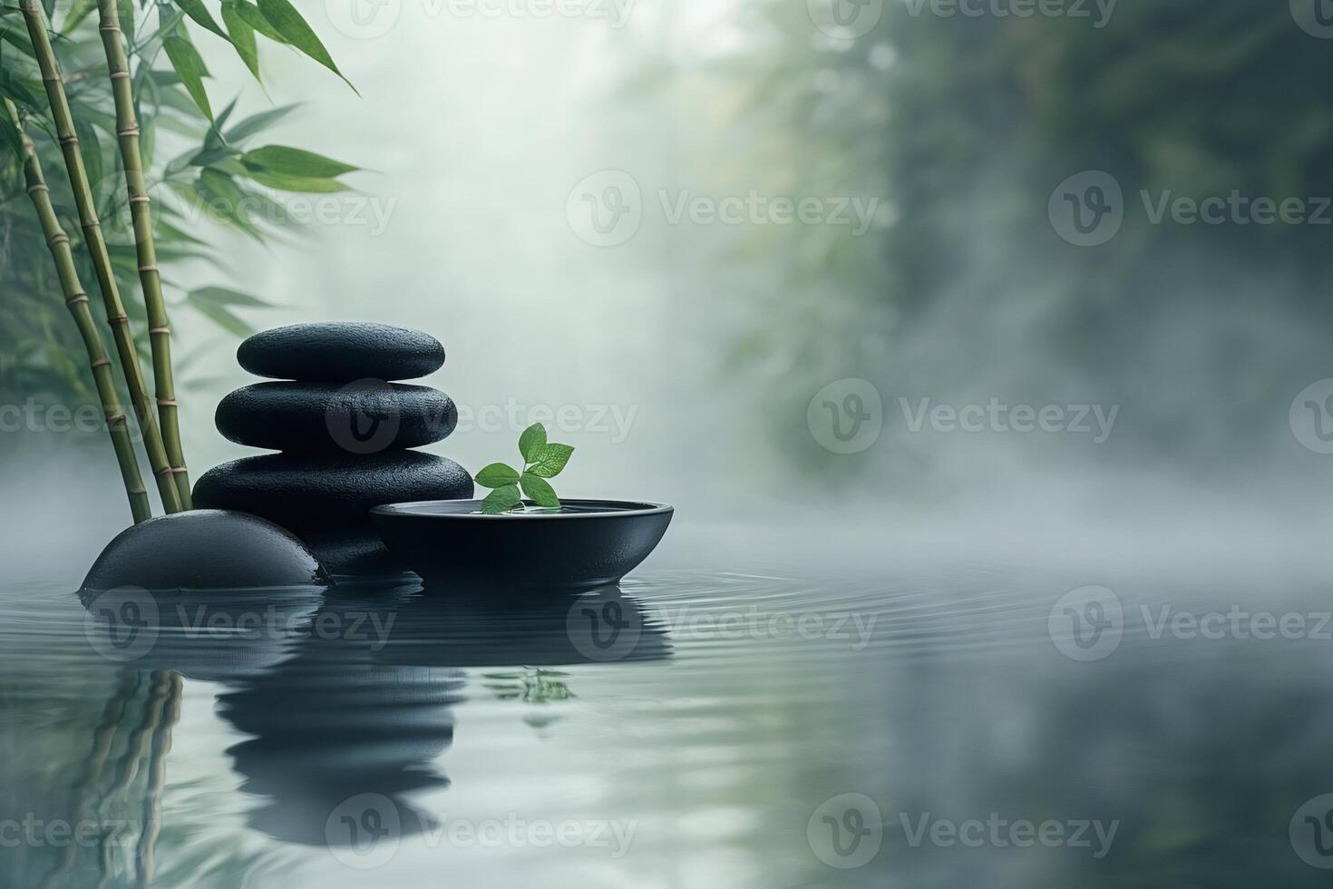 Tranquil zen garden with stacked stones and bamboo photo