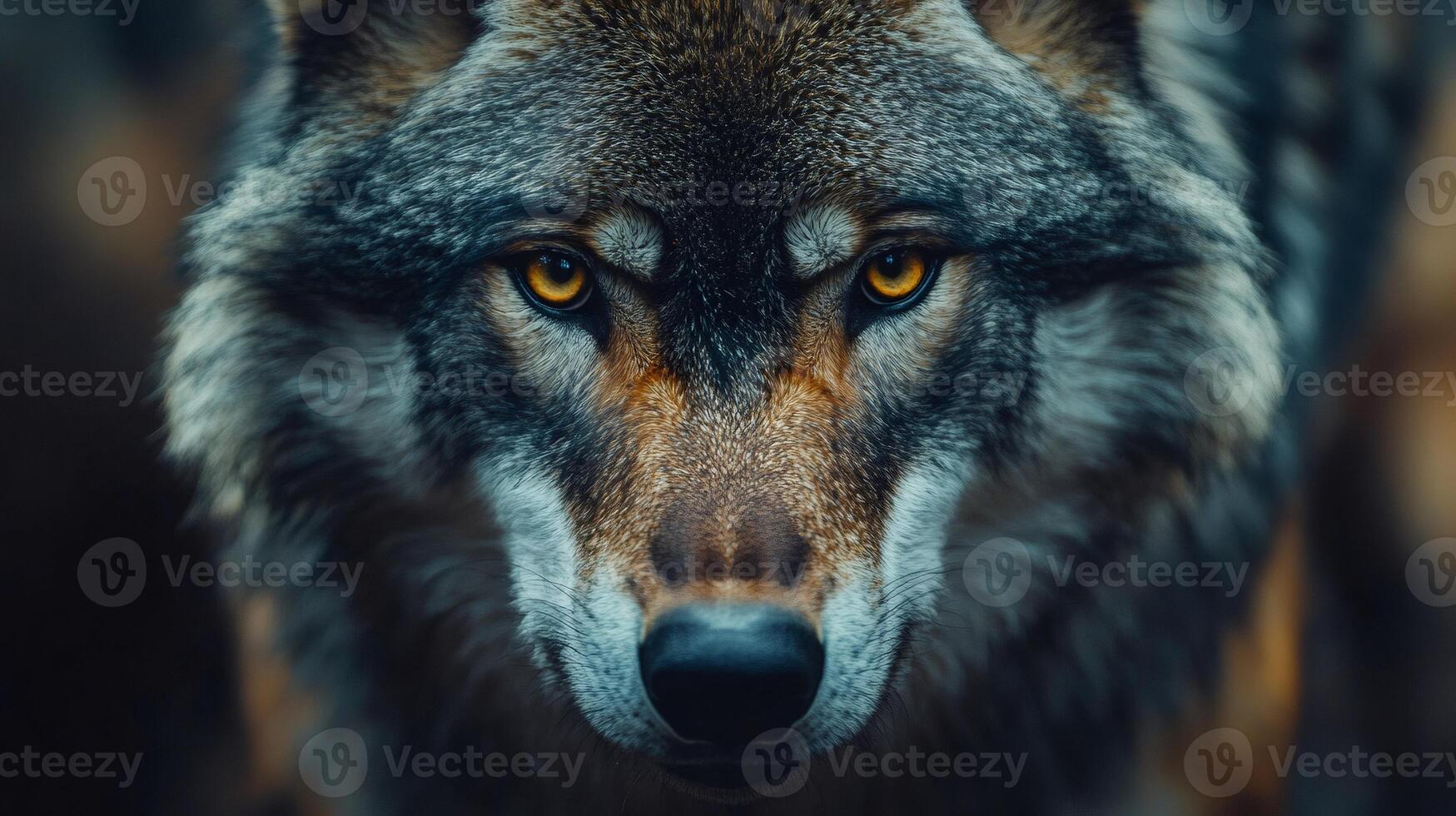 Intense stare of a majestic gray wolf in the wild photo
