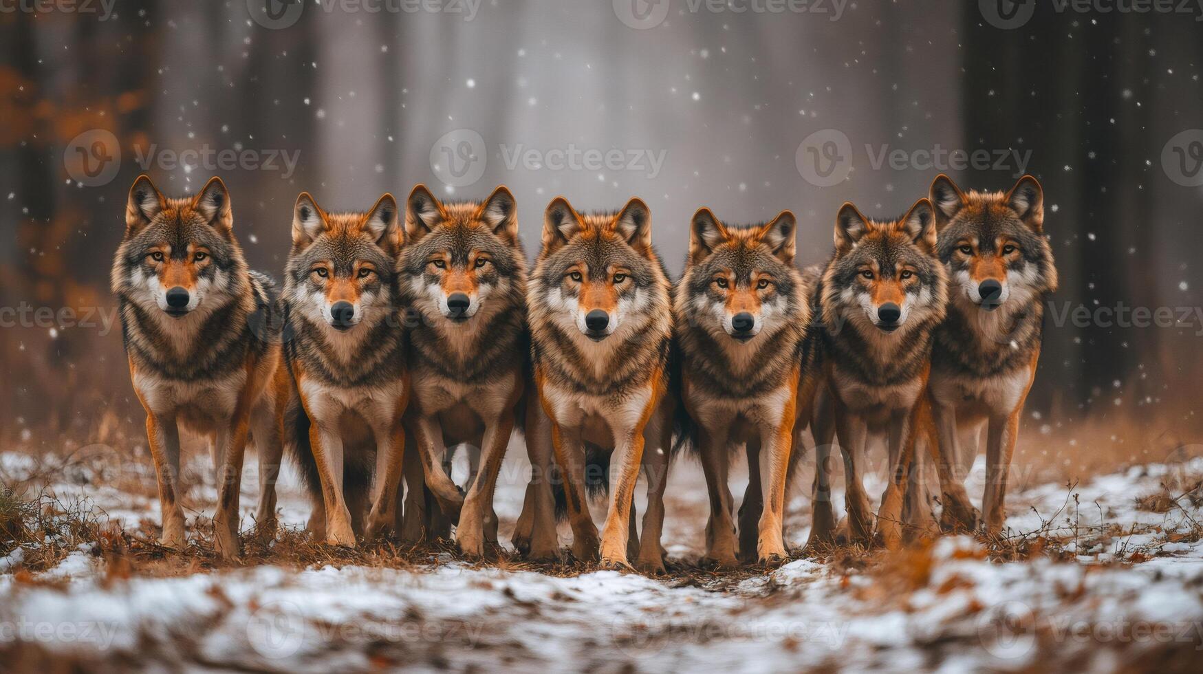Majestic wolves standing together in snowy forest photo