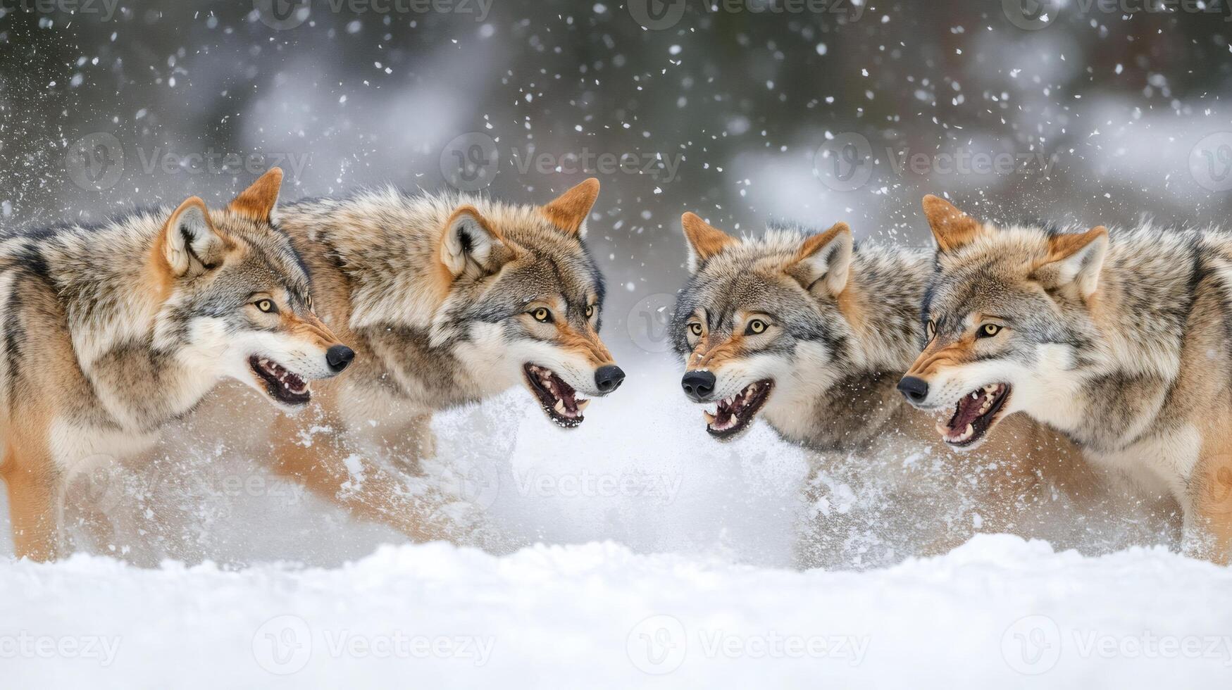 Four wolves engaging in intense snowy stand off photo