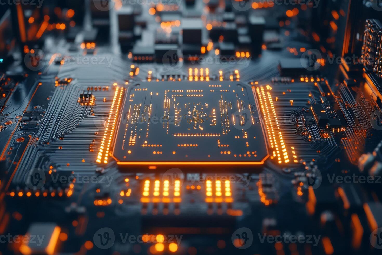 Cpu is glowing on motherboard, close up view of electronic circuit board photo
