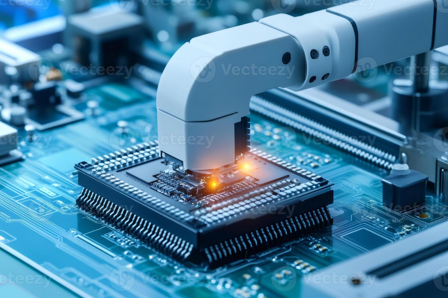 Robotic arm assembling microchip on circuit board photo