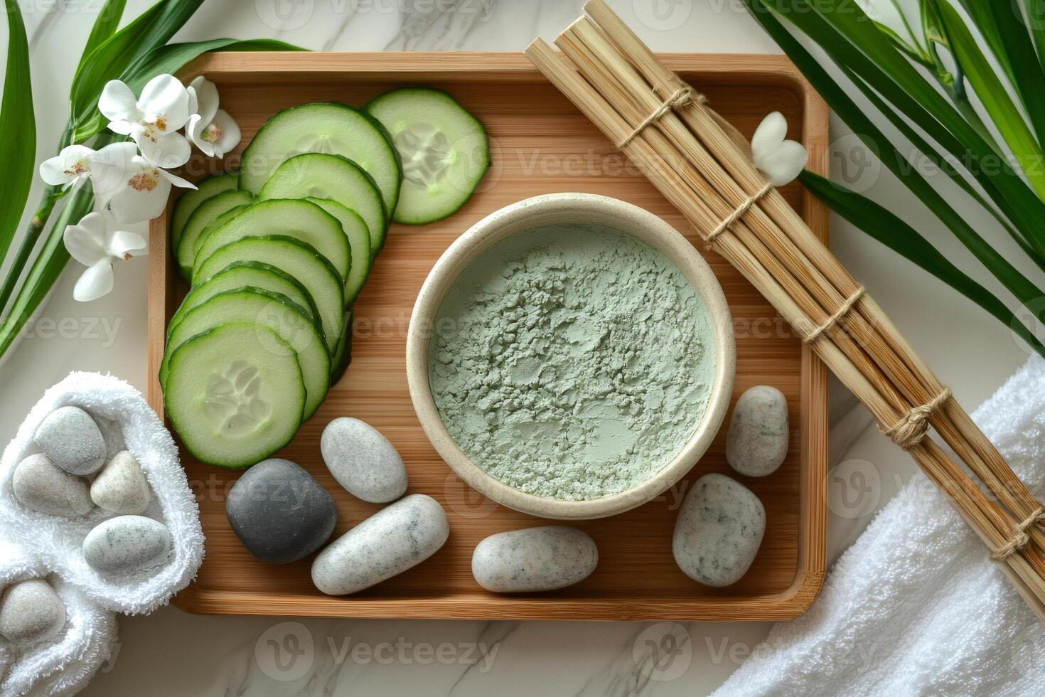 Spa essentials with cucumber and clay mask photo