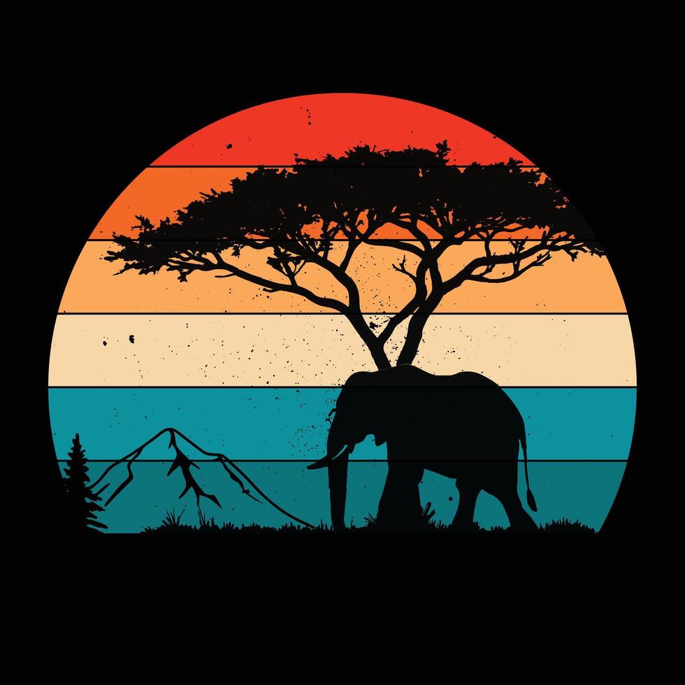Vintage Safari Sunset Elephant T Shirt Design African Wildlife Art vector