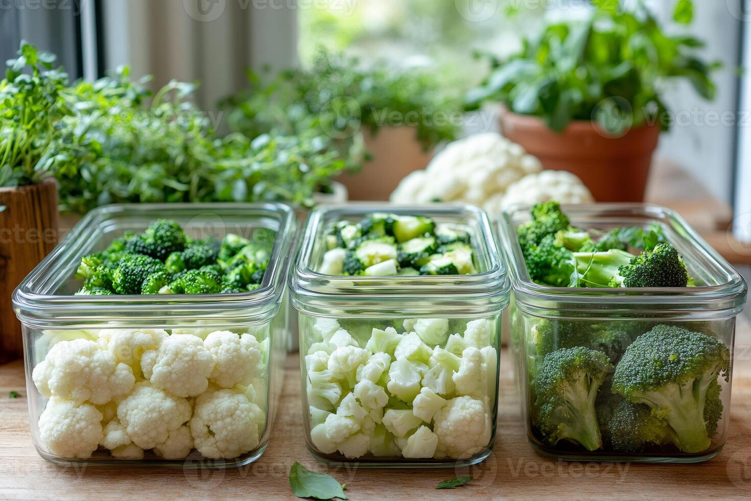 Fresh vegetables stored in glass containers on wooden table photo