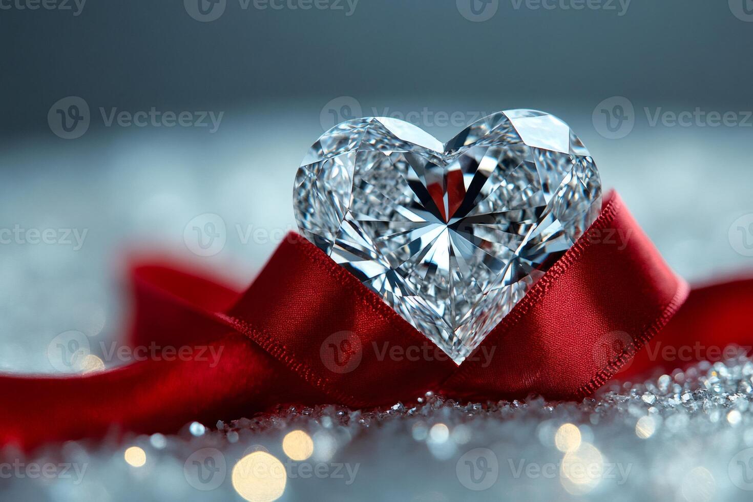 Sparkling heart shaped diamond with red ribbon. photo
