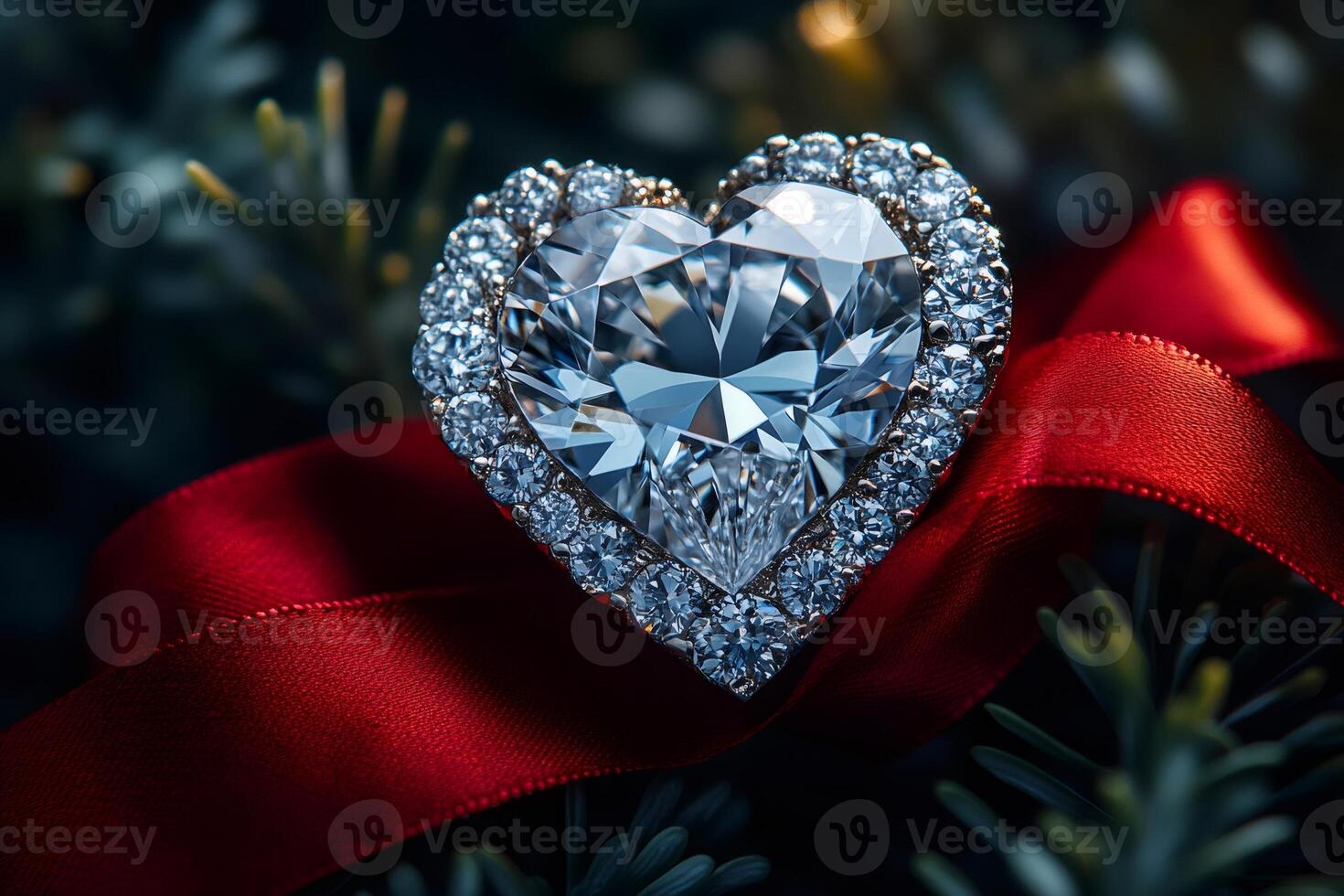 Sparkling heart shaped diamond on red ribbon photo