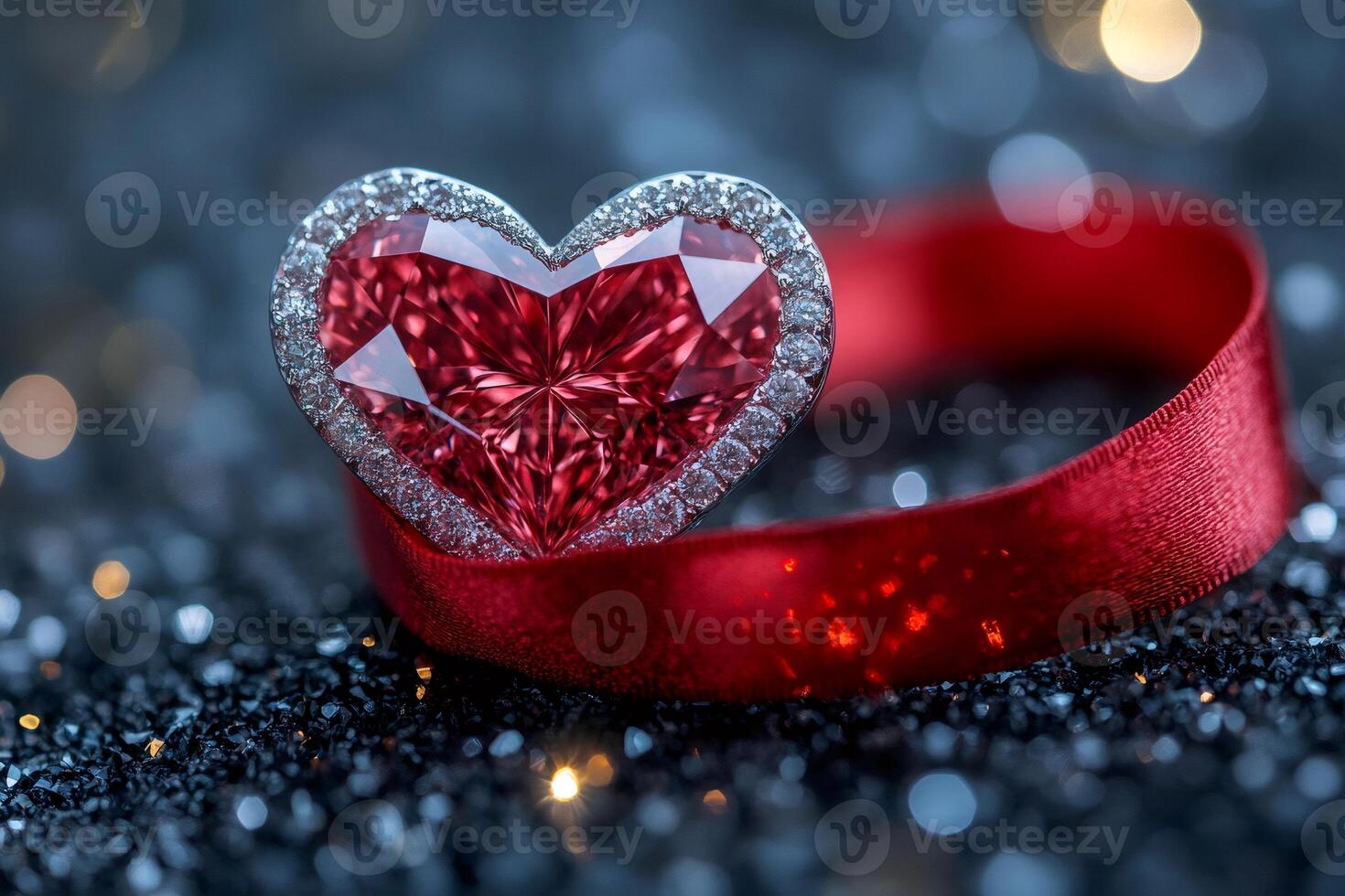 Sparkling heart shaped gemstone on red ribbon photo