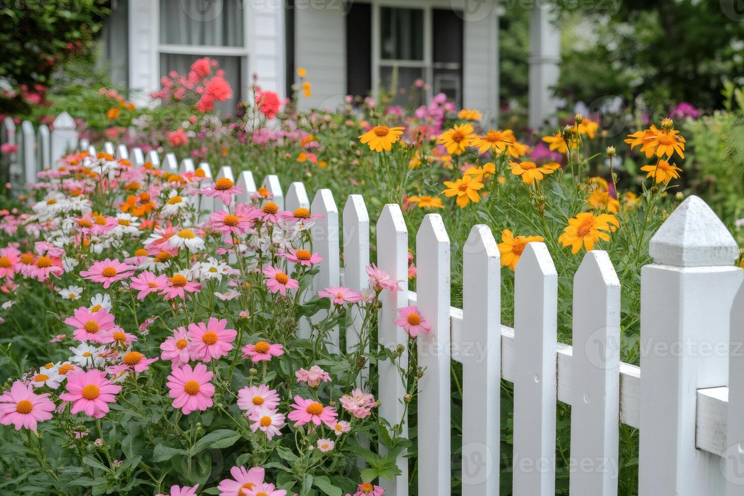 Vibrant wildflowers blooming along white picket fence photo