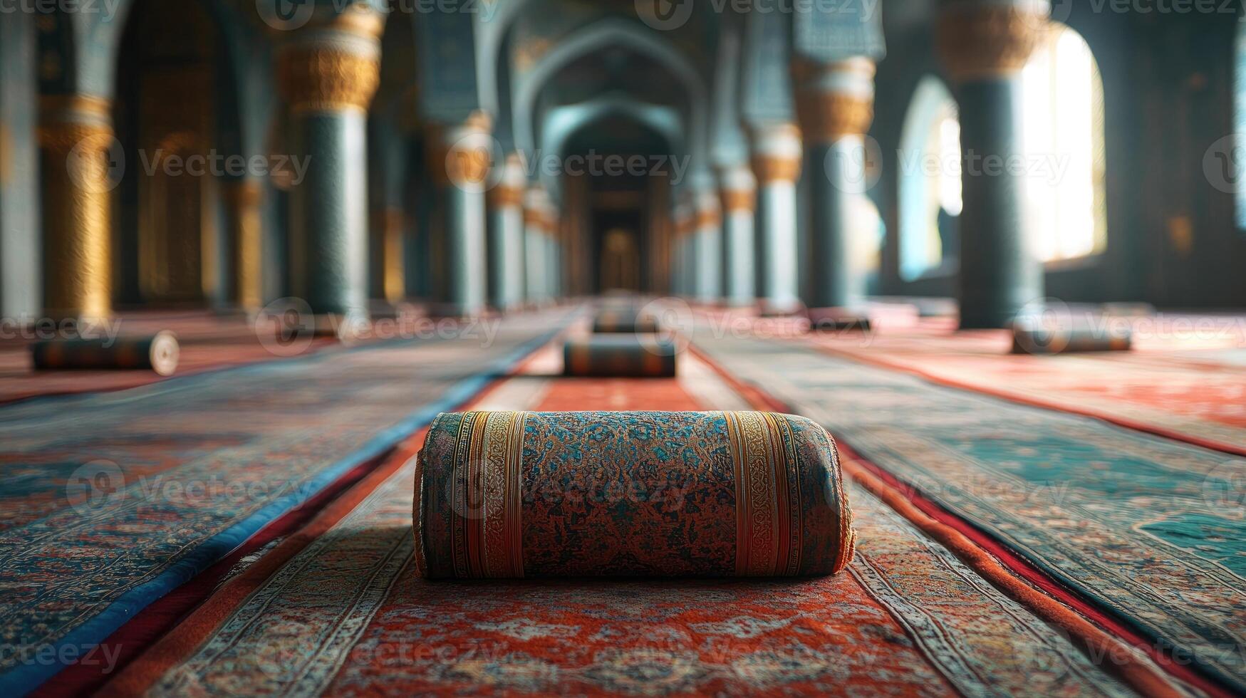 Prayer rug in empty mosque, symbol of islamic faith and devotion photo