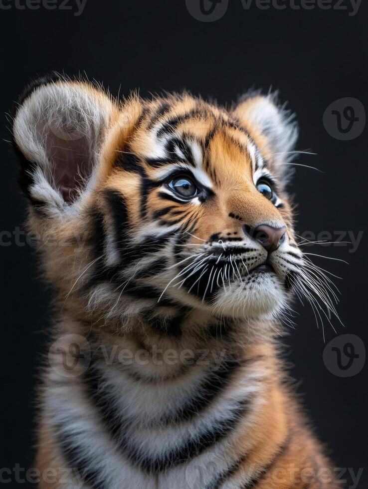 Adorable tiger cub gazing into distance photo