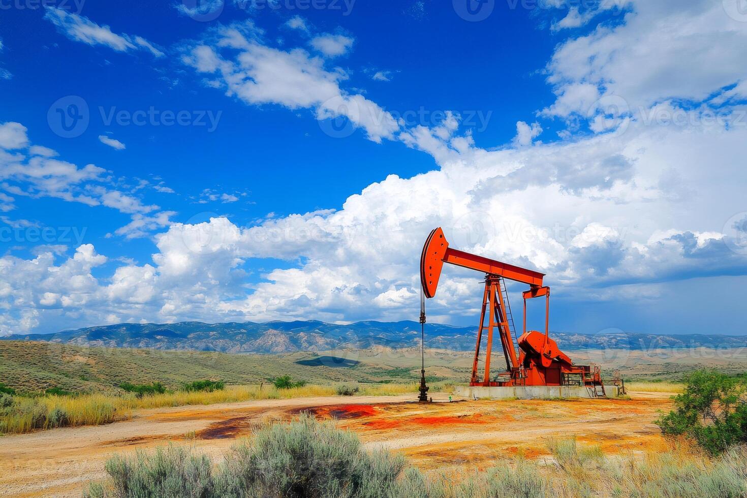 Red pump jack extracting crude oil under blue sky in the desert photo