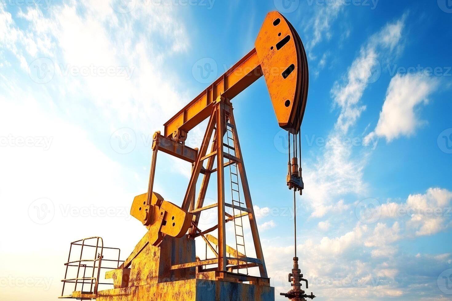Oil pump extracting crude oil on cloudy sky background photo