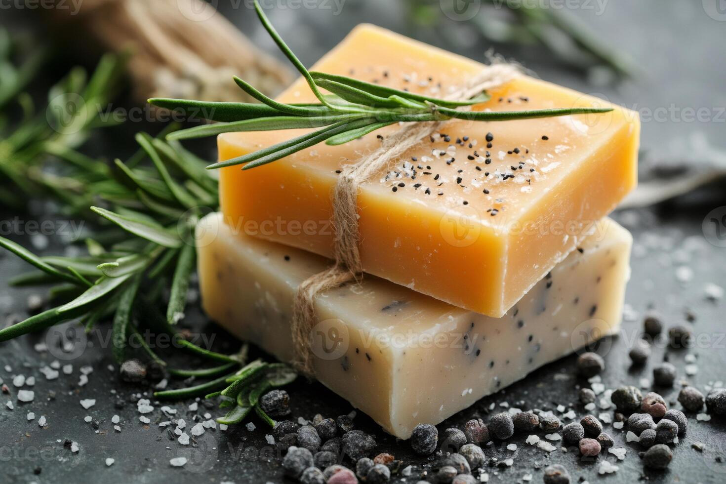 Handmade herbal soap bars with rosemary and poppy seeds photo
