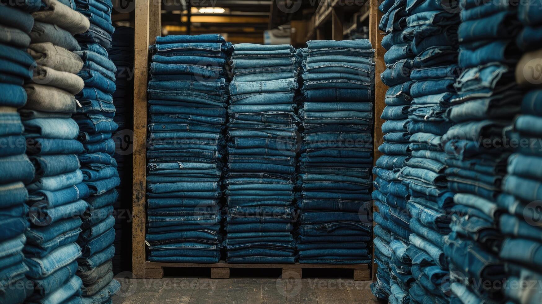 Stacks of folded jeans filling warehouse shelves displaying denim abundance. photo