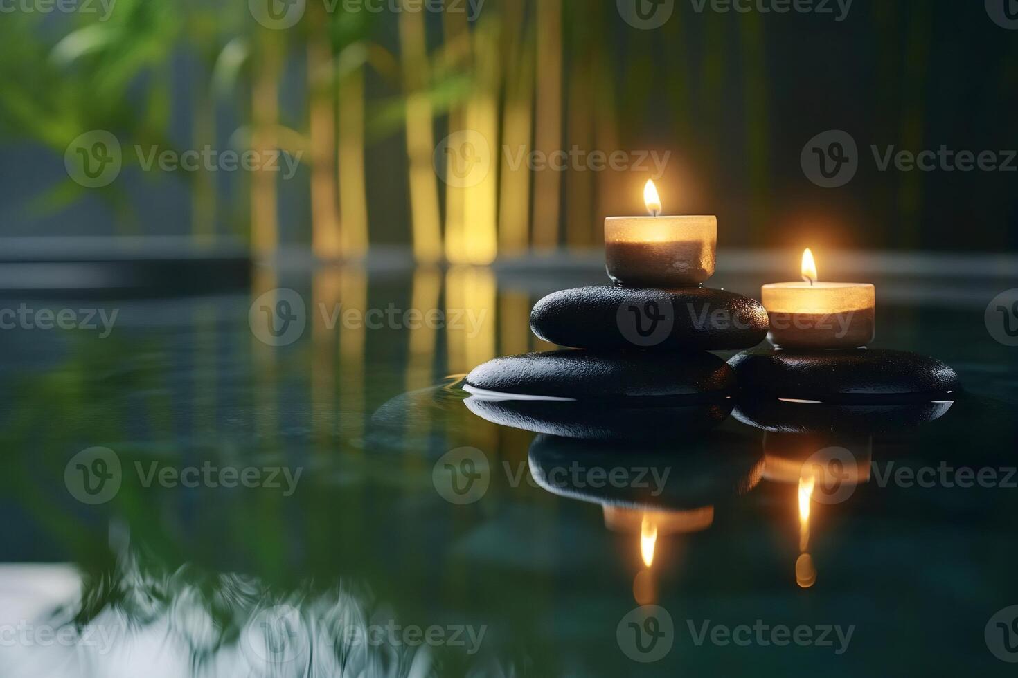 Tranquil spa scene with candles and stones photo