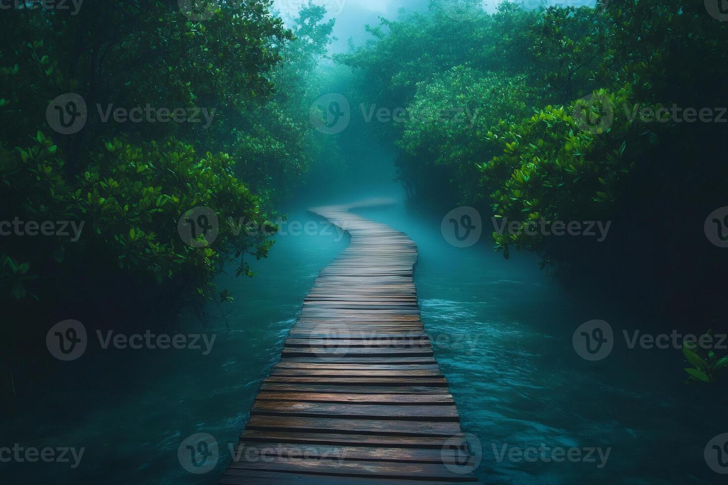 Serene wooden pathway through misty mangrove forest photo