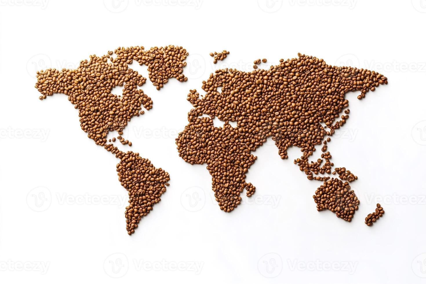 Roasted coffee beans forming a world map on white background photo