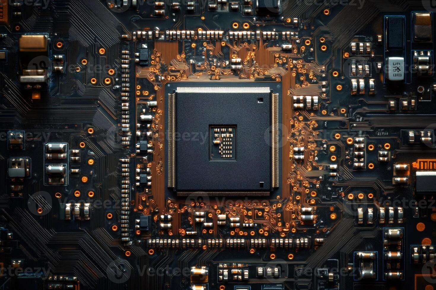 Modern printed circuit board with cpu showing complex electronic components photo