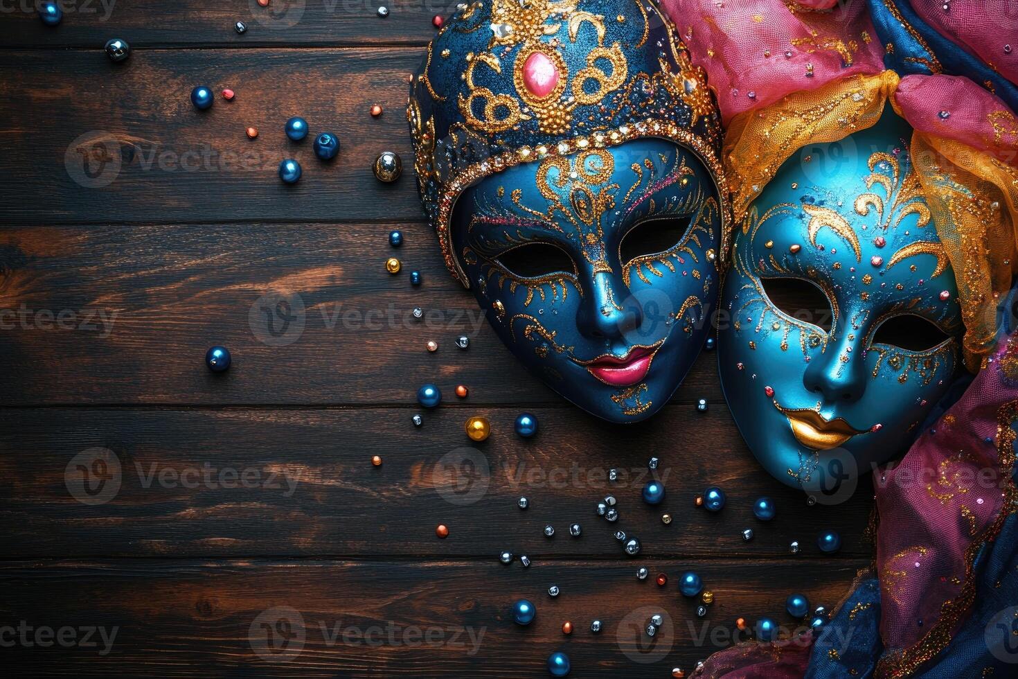 Two beautiful venetian masks resting on dark wooden table with colorful beads photo