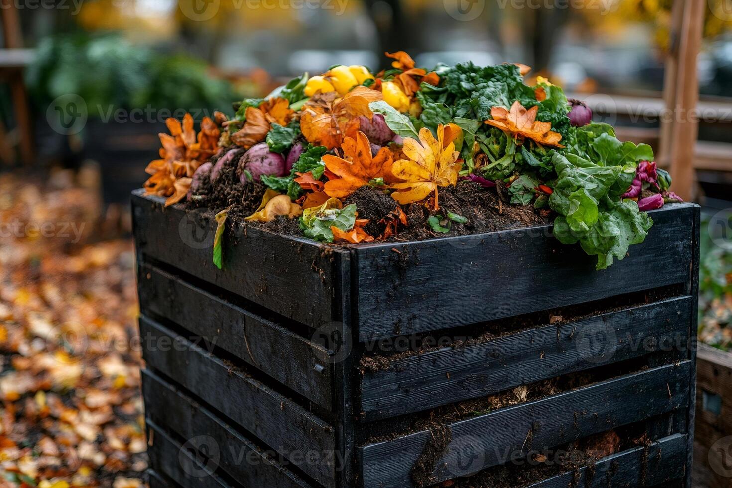 Vibrant autumn leaves and vegetables in compost bin photo