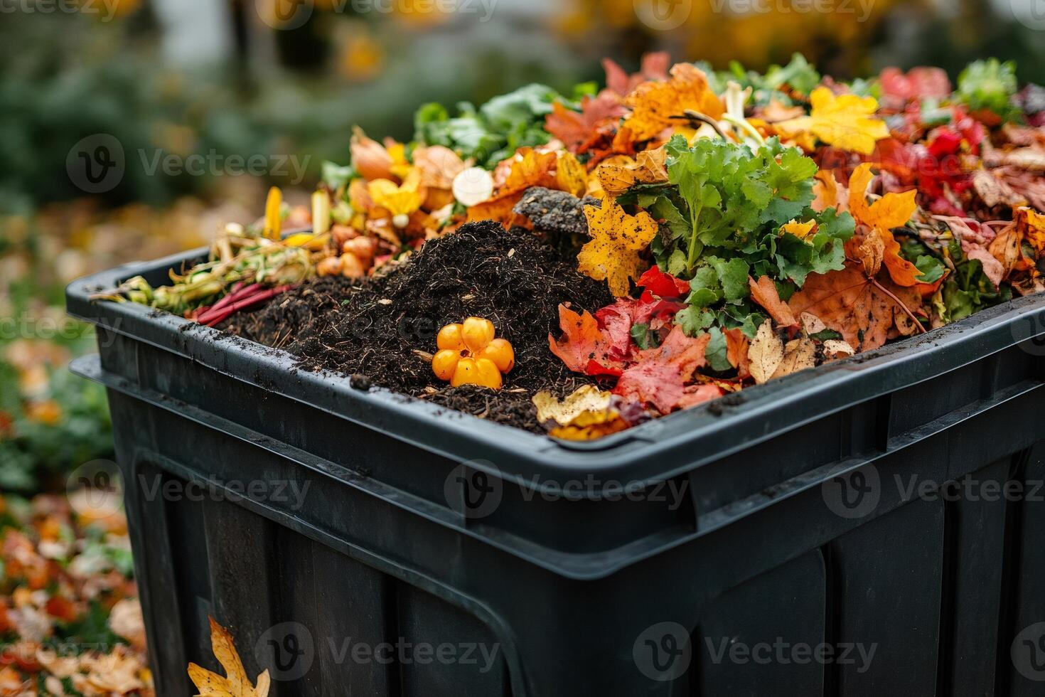 Composting autumn leaves and vegetables in a bin photo