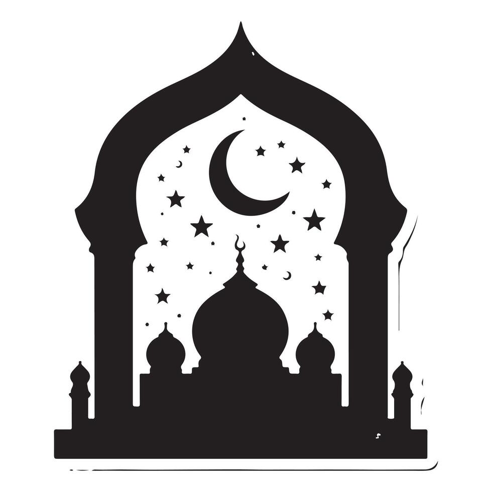 Graphic artwork of an Islamic moon with black silhouettes on a flat Ramadan background vector