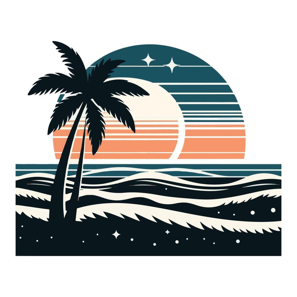 A black-and-white picture of a beach with palm palms and a beach on a circular globe vector