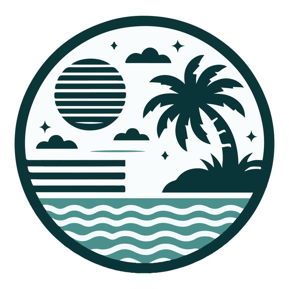 Illustrator contour drawing of a sunset with palm trees on a white, black, and white background vector