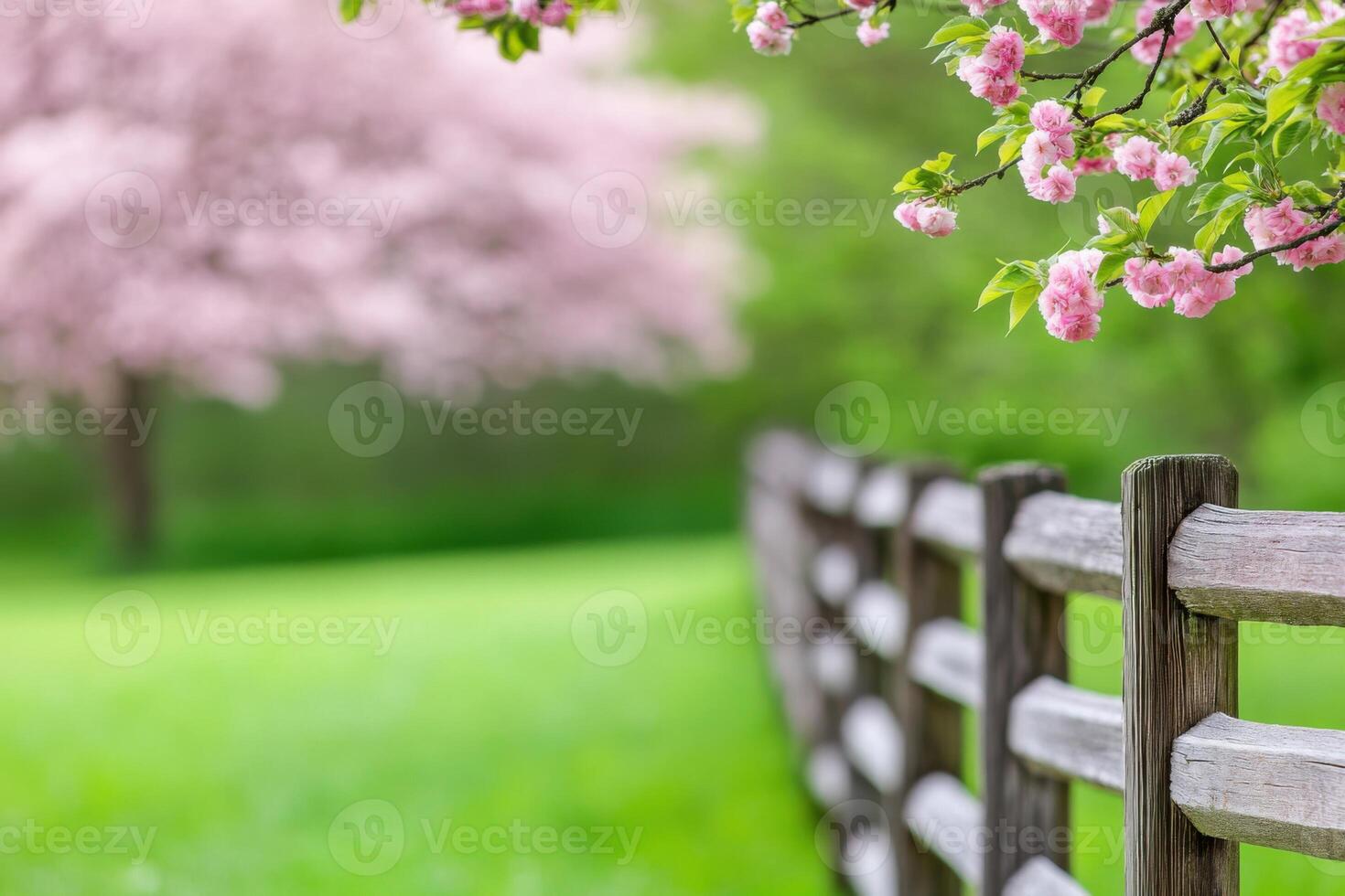 Rustic wooden farm fence with blossoming trees creating a serene spring landscape in soft focus photo