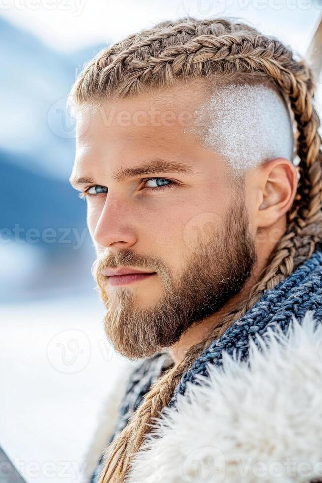 Viking warrior with rugged braids and a battle axe stands in a snowy mountainous landscape showcasing strength and bravery photo