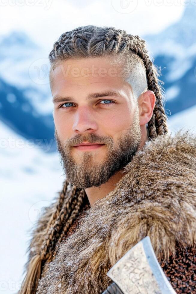 Viking warrior with rugged braids and battle axe in snowy landscape showcasing Nordic strength and heritage photo