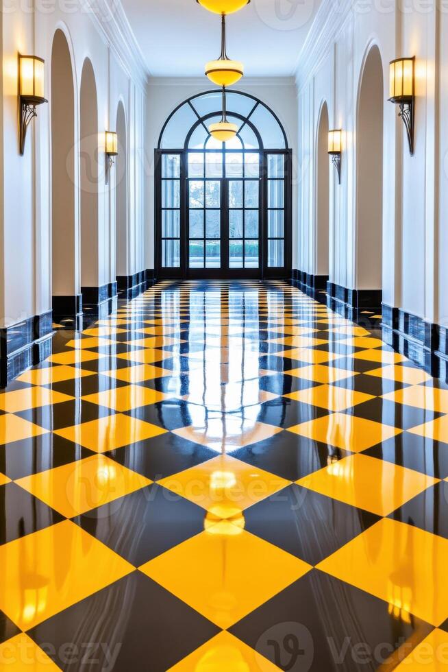 Elegant art deco hallway adorned with a checkerboard black and gold floor and arched windows reflecting harmonious lighting photo