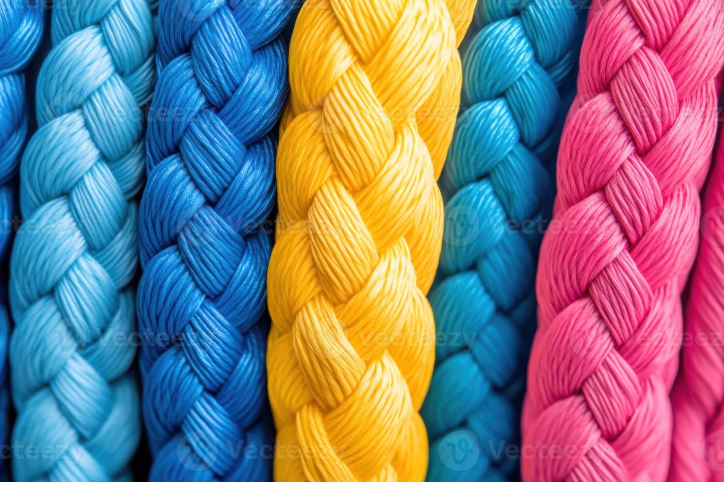 Vibrant braided synthetic rope textures showcasing intricate weaving patterns with close-up details on a neutral background photo