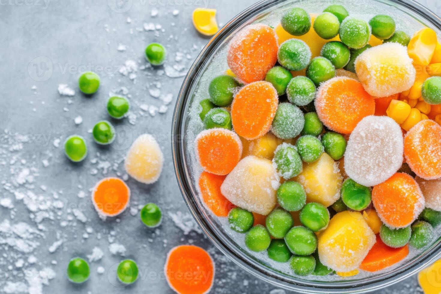 Vibrant frozen vegetables including peas, carrots, and corn arranged in a frost-covered glass bowl viewed from above photo