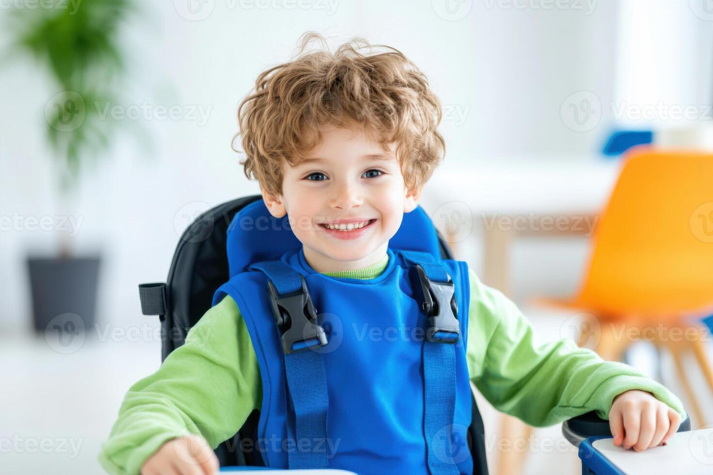 Supportive teacher assisting a child with developmental disabilities in an inclusive classroom environment filled with warmth and diversity photo