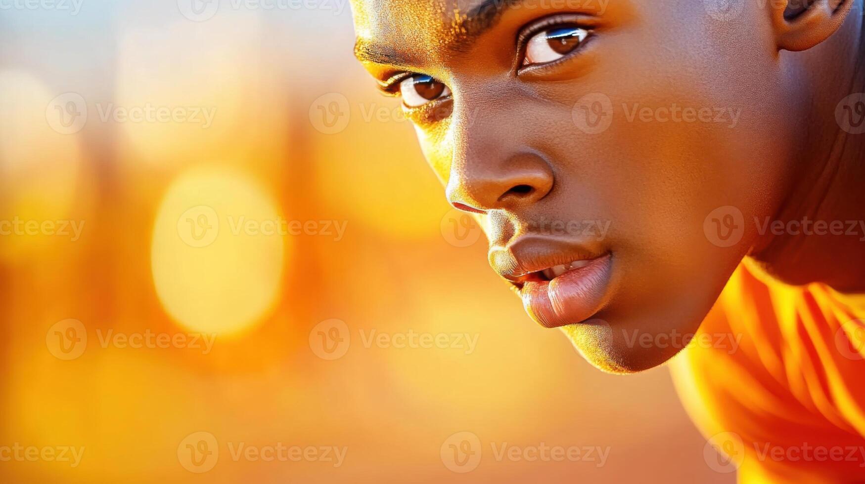 Professional athlete preparing for a race on the track with a focus on strength and determination in warm lighting photo