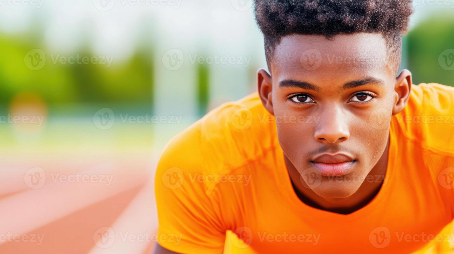 Determined professional athlete in starting position on track showcasing strength and focus with warm lighting in high definition photo
