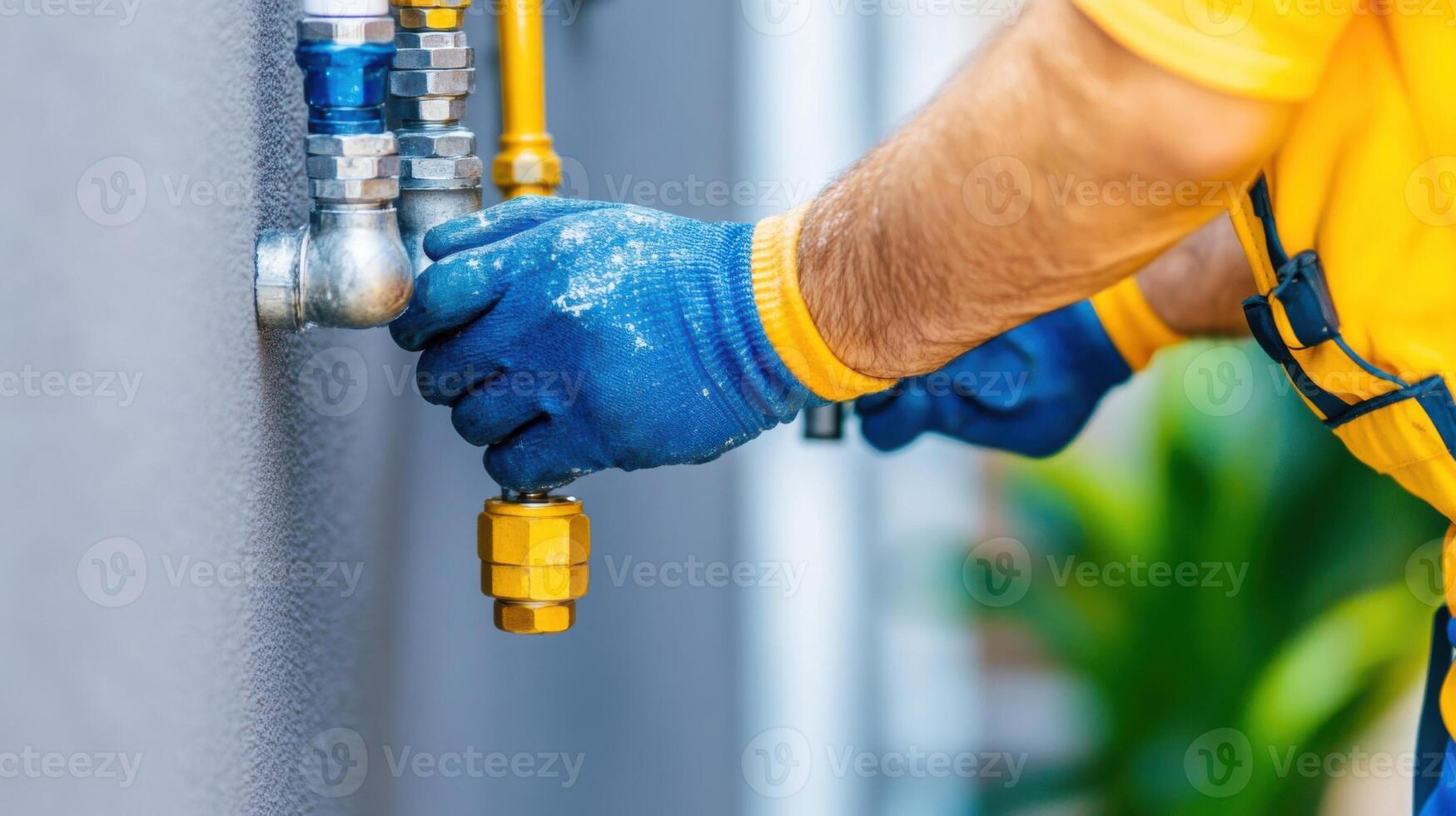 Close-up of plumber installing a water meter with specialized tools in a residential setting during bright daylight photo