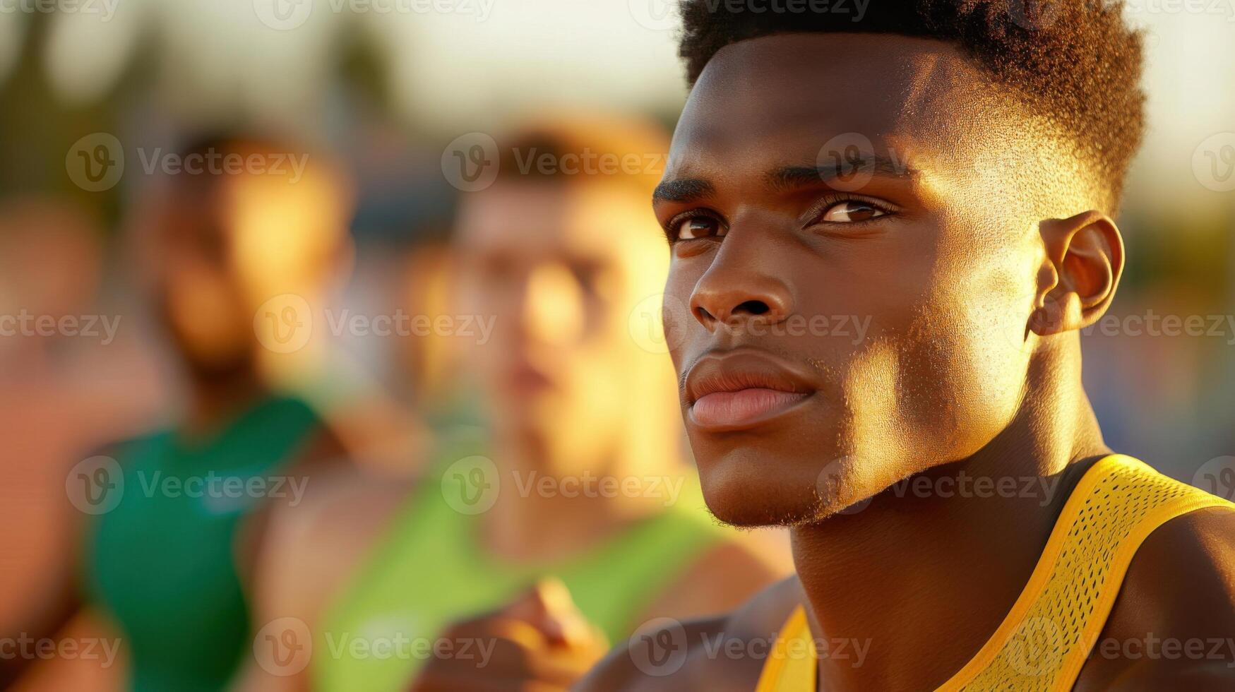 Professional athlete preparing for a sprint on the track, showcasing strength and determination in warm light photo