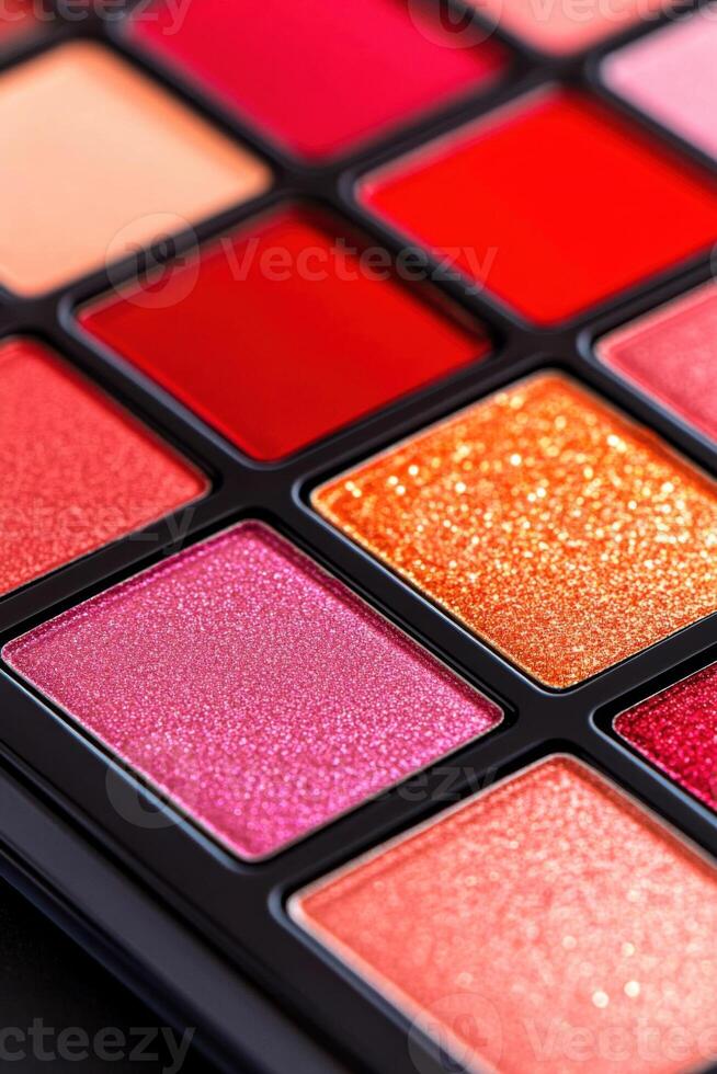Close-up of a luxurious eyeshadow palette showcasing bold red tones with rich textures and shimmering finishes for glamorous beauty looks photo