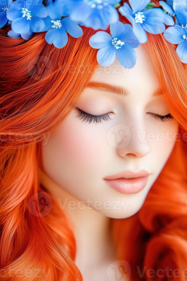 Fiery red hair adorned with delicate blue wildflowers creates a soft and romantic look perfect for springtime celebrations in a natural setting photo
