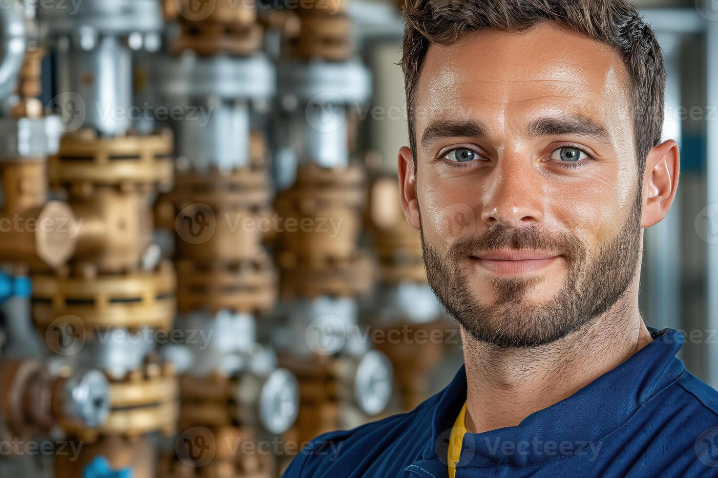 Complex industrial plumbing system installation featuring professional worker in uniform with detailed network of metal pipes and valves in a well-lit environment photo